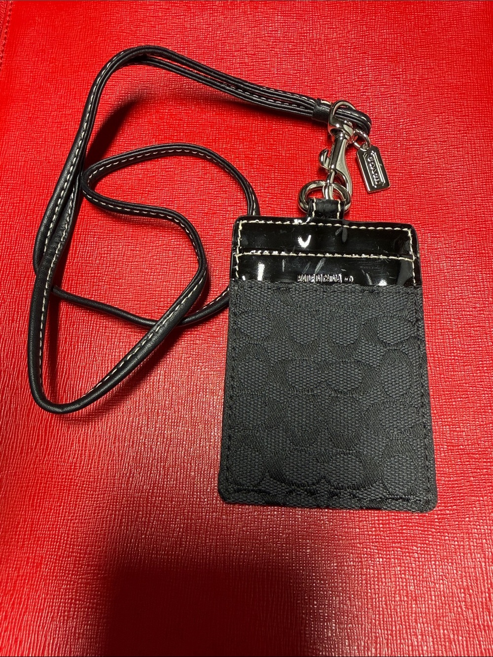 Coach Black Gray Signature Lanyard Card Case with Patent Trim